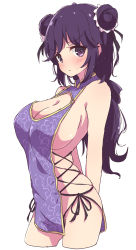 Rule 34 | 1girl, breasts, china dress, chinese clothes, commentary request, double bun, dress, hair bun, highres, large breasts, long hair, looking at viewer, machikado mazoku, mature female, mel (melty pot), purple dress, purple eyes, purple hair, sideboob, simple background, solo, white background, yoshida seiko