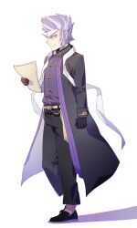 Rule 34 | 1boy, belt, black coat, black footwear, black gloves, black pants, chinese clothes, closed mouth, coat, full body, gloves, highres, holding, holding paper, long eyebrows, long sleeves, looking at viewer, maiucal, male focus, pants, paper, pathfinder, profile, purple hair, purple shirt, regill (pathfinder), shirt, shoes, short hair, simple background, solo, v-shaped eyebrows, white background, yellow belt, yellow eyes