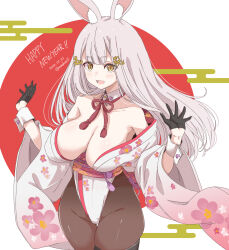 Rule 34 | 1girl, animal ears, bare shoulders, black gloves, breasts, brown pantyhose, cleavage, collarbone, commentary request, copyright request, dated, floral print, gloves, grey hair, hair ornament, happy new year, highres, japanese clothes, kichihachi, kimono, large breasts, long hair, looking at viewer, new year, open mouth, pantyhose, rabbit ears, red background, simple background, smile, solo, twitter username, two-tone background, white background, white kimono, wide sleeves, yellow eyes