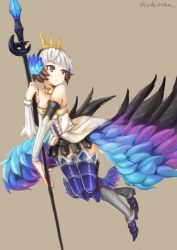 Rule 34 | 1girl, armor, artist name, boots, crown, gwendolyn (odin sphere), hairband, head wings, holding, holding polearm, holding spear, holding weapon, leg wings, low wings, odin sphere, polearm, spear, umiroku, weapon, winged footwear, wings
