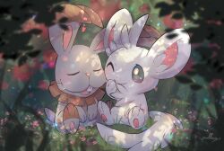 Rule 34 | ^ ^, artist name, black eyes, blurry, blurry foreground, blush, branch, bright pupils, buck teeth, bunnelby, closed eyes, commentary request, creatures (company), depth of field, flower, game freak, gen 5 pokemon, gen 6 pokemon, grass, highres, light rays, looking at another, minccino, nintendo, no humans, nullma, on grass, one eye closed, open mouth, outdoors, pink flower, plant, pokemon, pokemon (creature), shade, signature, sitting, smile, teeth, white pupils