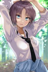Rule 34 | 1girl, arms up, asakura toru, black necktie, blue cardigan, blue eyes, blurry, blurry background, breasts, brown hair, cardigan, cardigan around waist, clothes around waist, collared shirt, day, depth of field, gomashi (goma), idolmaster, idolmaster shiny colors, long sleeves, looking at viewer, necktie, outdoors, parted bangs, parted lips, shirt, short hair, small breasts, smile, solo, tree, white shirt