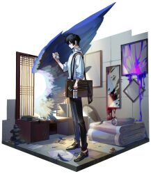 Rule 34 | 1boy, aboon 1017, black eyes, black footwear, black hair, black pants, blood, book, book stack, broken mirror, brown bag, coin, dress shoes, feathers, full body, highres, id card, limbus company, long sleeves, male focus, mirror, pants, paper, picture frame, project moon, rock balancing, shirt, single wing, solo, standing, table, white shirt, wings, yi sang (project moon)