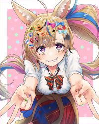 Rule 34 | 1girl, ahoge, animal ear fluff, animal ears, biten, blonde hair, blue hair, blue nails, blue skirt, border, bow, bowtie, breasts, brown cardigan, cardigan, clothes around waist, collared shirt, commentary, cowboy shot, diagonal-striped bow, diagonal-striped bowtie, diagonal-striped clothes, double v, dress shirt, earrings, facial mark, floating hair, fox ears, fox girl, green nails, grin, hair bow, hair ornament, hairclip, hairpin, heart, heart-shaped pupils, highres, hololive, jewelry, long hair, looking at viewer, medium breasts, miniskirt, multicolored hair, multicolored nails, multiple hair bows, multiple hairpins, nail art, nail polish, official alternate costume, official alternate hairstyle, omaru polka, omaru polka (school uniform), orange nails, outside border, outstretched arms, pink background, pink hair, pink nails, pleated skirt, purple eyes, reaching, reaching towards viewer, red skirt, school uniform, shirt, side ponytail, simple background, skirt, smile, solo, streaked hair, striped clothes, sweater, sweater around waist, symbol-shaped pupils, teeth, two-tone skirt, v, virtual youtuber, white border, white shirt