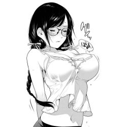Rule 34 | 1girl, armpit crease, arms behind back, babydoll, bakemonogatari, bare shoulders, black skirt, blush, bow, braid, breasts, cleavage, closed mouth, collarbone, embarrassed, closed eyes, full-face blush, glasses, greyscale, hanekawa tsubasa, large breasts, long hair, monochrome, monogatari (series), navel, nightgown, official art, oogure ito, parted lips, sidelocks, skirt, solo, spaghetti strap, speech bubble, translation request, trente, twin braids, upper body, white babydoll