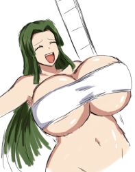 Rule 34 | 1girl, bouncing breasts, breasts, cleavage, closed eyes, dot nose, eyelashes, green hair, highres, hip bones, huge breasts, long hair, looking at viewer, manyuu hikenchou, momijizx, navel, open mouth, solo, standing, thick thighs, thighs, toyo (manyuu hikenchou), underboob, upper body, white background, wide hips