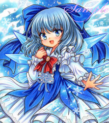 Rule 34 | 1girl, :d, adapted costume, blue background, blue bow, blue dress, blue eyes, blue hair, blue ribbon, bow, bowtie, brooch, cirno, cowboy shot, dress, frills, hair bow, hand up, ice, ice crystal, ice wings, jewelry, light blue hair, light blush, long hair, long sleeves, looking at viewer, marker (medium), open mouth, red bow, red bowtie, ribbon, rui (sugar3), sample watermark, smile, snowflakes, solo, standing, touhou, traditional media, watermark, white sleeves, wings