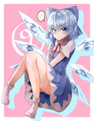 Rule 34 | absurdres, blouse, blue bow, blue dress, blue eyes, blue hair, bow, circled 9, cirno, closed mouth, collared shirt, commentary request, detached wings, dress, eighth note, full body, hair between eyes, hair bow, highres, ice, ice wings, looking at viewer, mahoro (minase mahoro), musical note, neck ribbon, no panties, no shoes, pinafore dress, pink background, polka dot, polka dot background, red ribbon, ribbon, shiny skin, shirt, short hair, short sleeves, simple background, sleeveless, sleeveless dress, smile, socks, spoken musical note, touhou, v-shaped eyebrows, v arms, white shirt, white socks, wings