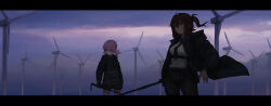 Rule 34 | 2girls, absurdres, belt, black jacket, breasts, closed mouth, cloud, cloudy sky, hair between eyes, highres, holding, holding weapon, jacket, letterboxed, long sleeves, medium breasts, multiple girls, necktie, one side up, original, outdoors, pants, pink hair, purple eyes, red eyes, shirt, short hair, short shorts, shorts, sky, toxic ghost, twintails, weapon, white shirt, wind turbine, windmill