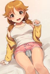 Rule 34 | 1girl, :d, arm support, bed sheet, beer can, beige background, between legs, blush, breasts, brown eyes, brown hair, can, commentary request, condensation, drink can, dutch angle, feet out of frame, fingernails, gradient background, grey background, hair tie, hand up, idolmaster, idolmaster cinderella girls, jacket, kamille (vcx68), katagiri sanae, long hair, looking at viewer, low twintails, medium breasts, nail polish, off shoulder, open clothes, open jacket, open mouth, pink nails, pink shorts, pointing, pointing down, short shorts, shorts, sitting, smile, solo, tank top, twintails, white tank top, yellow jacket