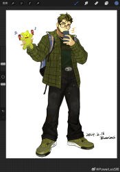 Rule 34 | 1boy, art program in frame, bara, beard stubble, bespectacled, cellphone, facial hair, full body, glasses, highres, holding, holding stuffed toy, jacket, lightning bolt symbol, looking at viewer, male focus, musical note, oc (powerlesssong), open clothes, open jacket, original, pants, phone, powerlesssong, short hair, smartphone, solo, standing, stubble, stuffed animal, stuffed toy, teddy bear, thick eyebrows