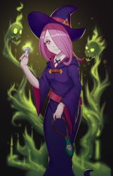 Rule 34 | 10s, 1girl, absurdres, brown hair, hair over one eye, hat, highres, kokoala, little witch academia, long hair, red eyes, smile, solo, sucy manbavaran, witch hat