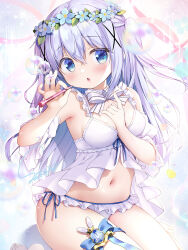 Rule 34 | 1girl, arm between breasts, babydoll, bare shoulders, between breasts, blue bow, blue eyes, blue flower, blue hair, bow, breasts, bubble, bubble pipe, chestnut mouth, commentary request, dated, detached sleeves, flower, flower wreath, frilled panties, frills, gochuumon wa usagi desu ka?, hair ornament, head wreath, highres, holding, kafuu chino, nail polish, navel, panties, parted lips, pink nails, puffy short sleeves, puffy sleeves, sasai saji, short sleeves, side-tie panties, signature, sitting, small breasts, solo, two side up, underwear, underwear only, white panties, white sleeves, x hair ornament