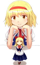 Rule 34 | 1girl, alice margatroid, apron, bad id, bad pixiv id, blonde hair, bow, capelet, dai-erie, dress, gerijita, hair bow, hairband, head rest, highres, long hair, looking at viewer, ribbon, shadow, shanghai doll, short hair, simple background, smile, solo, touhou, v arms, waist apron, white background, yellow eyes