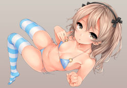 Rule 34 | 1girl, alternate costume, bare arms, bare shoulders, bikini, blush, breasts, brown eyes, collarbone, commentary request, full body, girls und panzer, hair ornament, hair ribbon, hand on own chest, harino646, light brown hair, long hair, looking at viewer, lying, micro bikini, navel, o-ring, o-ring bikini, o-ring top, one side up, parted lips, ribbon, shimada arisu, side-tie bikini bottom, simple background, small breasts, solo, string bikini, striped clothes, striped thighhighs, swimsuit, thighhighs