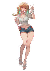 Rule 34 | 1girl, :d, absurdres, braid, breasts, denim, denim shorts, full body, hairband, highres, hololive, hololive english, ijac ray, index finger raised, large breasts, long hair, looking at viewer, midriff, navel, official alternate costume, official alternate hairstyle, open mouth, orange hair, purple eyes, short shorts, shorts, simple background, smile, solo, takanashi kiara, takanashi kiara (casual), twin braids, virtual youtuber, white background