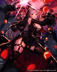 Rule 34 | 1girl, :d, bare shoulders, belt, black gloves, black thighhighs, boots, breasts, cleavage, cloud, detached sleeves, gloves, gyakushuu no fantasica, headwear request, holding, holding weapon, huge breasts, katagiri hachigou, long hair, looking at viewer, nun, official art, open mouth, red eyes, scythe, silver hair, smile, solo, teeth, thighhighs, very long hair, weapon