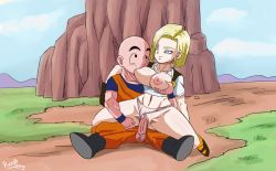 Rule 34 | 1boy, 1girl, android 18, animated, animated gif, bald, blinking, blonde hair, blue eyes, bouncing breasts, grabbing another&#039;s breast, breast sucking, breasts, breasts out, clitoral hood, clothed sex, clothes pull, clothing aside, couple, dragon ball, dragonball z, earrings, eye contact, facing viewer, functionally nude, girl on top, grabbing, happy sex, hetero, jewelry, kuririn, large breasts, looking at another, navel, necklace, nipples, no nose, outdoors, panties, panties aside, pearl necklace, penis, pink panties, pinkpawg, pussy, reverse cowgirl position, reverse upright straddle, sex, sex from behind, shaved head, shirt pull, short hair, straddling, uncensored, underwear, vaginal