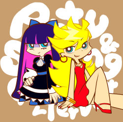 Rule 34 | 10s, 2girls, absurdres, blonde hair, blue eyes, bow, bracelet, dress, earrings, eyeliner, fingernails, goth fashion, hair bow, high heels, highres, jewelry, kneeling, makeup, multicolored hair, multiple girls, nail polish, necklace, panty &amp; stocking with garterbelt, panty (psg), ribbon, shoes, sitting, smile, stocking (psg), striped legwear, stuffed animal, stuffed toy, thighhighs, two-tone hair