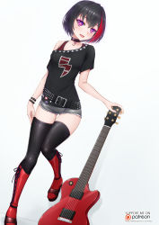 Rule 34 | 1girl, :d, bang dream!, bare shoulders, belt, belt buckle, black belt, black collar, black hair, black shirt, black thighhighs, blush, boots, breasts, buckle, collar, cross-laced footwear, cutoffs, dutch angle, electric guitar, gibson les paul, grey background, grey shorts, guitar, heart, heart-shaped pupils, highres, instrument, knee boots, lace-up boots, lock, looking at viewer, mind control, mitake ran, multicolored hair, off shoulder, open mouth, padlock, padlocked collar, purple eyes, red footwear, red hair, shirt, short hair, short shorts, short sleeves, shorts, small breasts, smile, solo, streaked hair, studded belt, symbol-shaped pupils, thighhighs, thighhighs under boots, vahn yourdoom, watermark, web address, zettai ryouiki