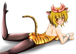 Rule 34 | 1girl, alternate costume, animal ears, animal print, arm support, ass, backless outfit, bad id, bad pixiv id, bare shoulders, blonde hair, blush, cat ears, cat tail, collar, detached collar, fishnet pantyhose, fishnets, hair ornament, high heels, highres, kemonomimi mode, kitty suit, kittysuit, leg up, leotard, looking at viewer, lying, nontraditional playboy bunny, on stomach, open mouth, pantyhose, playboy bunny, shadow, short hair, simple background, solo, tail, tera hiroshi, tiger ears, tiger print, tiger tail, toramaru shou, touhou, white background, wrist cuffs, yellow eyes