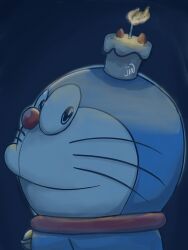 Rule 34 | bell, blue background, blue eyes, candle, cat, collar, cupcake, doraemon, doraemon (character), food, fruit, fujiko f fujio (style), furry, furry male, highres, jingle bell, jinsuke04, neck bell, no humans, red collar, red nose, sideways glance, smile, strawberry, whiskers