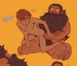 Rule 34 | 2boys, bara, beard, brown hair, chilchuck tims, completely nude, couple, dungeon meshi, dwarf, facial hair, fake horns, fat, fat man, hairy, helmet, highres, horned helmet, horns, imminent penetration, long beard, male focus, multiple boys, mustache, nude, penis, power bottom, reaipepsiman, reverse cowgirl position, senshi (dungeon meshi), sex, sex from behind, sitting, solid circle eyes, sparse chest hair, spread legs, straddling, tareme, thick leg hair, thick mustache, very hairy, very long beard, yaoi