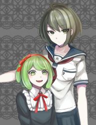 Rule 34 | 2girls, :d, bad id, bad twitter id, black dress, black sailor collar, black skirt, breasts, brown eyes, brown hair, closed mouth, danganronpa (series), danganronpa another episode: ultra despair girls, dress, frills, green eyes, green hair, grey shirt, hair ribbon, height difference, highres, large breasts, looking at viewer, multiple girls, naegi komaru, neck ribbon, neckerchief, open mouth, pleated skirt, red neckerchief, red ribbon, ribbon, sailor collar, shirt, short hair, skirt, smile, teeth, towa monaca, upper teeth only, zui nianshao