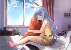 Rule 34 | 1girl, ;), animal ear fluff, animal ears, bare arms, bare shoulders, barefoot, blue hair, blush, camisole, can, closed mouth, commentary, curtains, day, desk lamp, don-chan (usada pekora), highres, hololive, indoors, lamp, long hair, hugging object, one eye closed, open window, plant, potted plant, rabbit ears, rabbit girl, rabbit tail, red eyes, short eyebrows, short shorts, shorts, sitting, smile, stuffed carrot, taikoi7, tail, thick eyebrows, usada pekora, very long hair, virtual youtuber, window, yellow camisole, yellow shorts