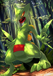 Rule 34 | absurdres, claws, commentary, creatures (company), day, fighting stance, forest, full body, game freak, gen 3 pokemon, green eyes, highres, karamimame, looking to the side, multicolored eyes, nature, nintendo, no humans, open mouth, outdoors, pokemon, pokemon (creature), sceptile, standing, tongue, tree, yellow eyes