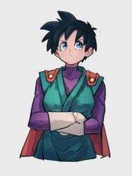 Rule 34 | 1girl, black hair, blue eyes, bodysuit, cape, closed mouth, crossed arms, dragon ball, dragonball z, gloves, great saiyaman 2, grey background, kemachiku, looking at viewer, looking up, purple bodysuit, red cape, short hair, simple background, solo, spiked hair, videl, white gloves