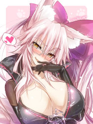 Rule 34 | 1girl, akatsuki (ggsy7885), animal ear fluff, animal ears, black bodysuit, blush, bodysuit, bow, breasts, center opening, choker, cleavage, fang, fate/grand order, fate (series), fox ears, fox girl, fox tail, glasses, hair between eyes, hair bow, heart, highres, koyanskaya (assassin) (first ascension) (fate), koyanskaya (fate), large breasts, long hair, looking at viewer, open mouth, pink bow, pink hair, ponytail, sidelocks, smile, solo, spoken heart, tail, tamamo (fate), yellow eyes