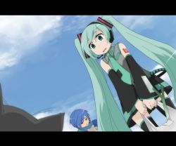 Rule 34 | 1boy, 1girl, animal, anime coloring, bad id, bad pixiv id, bag, blue hair, blue scarf, cat, cloud, day, detached sleeves, green eyes, green hair, grocery bag, hatsune miku, headset, kaito (vocaloid), letterboxed, long hair, maroyan, necktie, scarf, shopping bag, skirt, sky, spring onion, staring, sweatdrop, thighhighs, twintails, very long hair, vocaloid, zettai ryouiki
