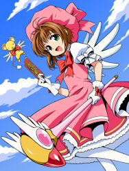 Rule 34 | 1990s (style), 1girl, anbe masahiro, bow, card, cardcaptor sakura, child, cloud, clow card, costume, day, dress, fuuin no tsue, glove bow, gloves, green eyes, hat, holding, holding card, holding wand, kero (cardcaptor sakura), kinomoto sakura, magical girl, pantyhose, pink hat, retro artstyle, short hair, sky, staff, wand, white gloves, wings
