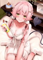 Rule 34 | &gt;:), 1girl, ankle socks, bare shoulders, bed sheet, blush, bottle, braid, breasts, camisole, cleavage, closed mouth, collarbone, demon tail, from above, green eyes, hair ornament, hairclip, highres, holding, holding bottle, incense burner, indoors, large breasts, long hair, looking at viewer, looking up, low twintails, nail polish, narushima kanna, on bed, original, pink hair, pink nails, pointy ears, signature, sitting, smug, socks, solo, tail, twintails, v-shaped eyebrows, wariza, white socks