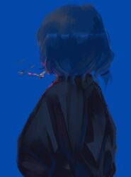 Rule 34 | 1girl, baggy clothes, black shirt, blue background, blue hair, bocchi the rock!, cigarette, facing away, hair ornament, hairclip, kyouko (rechtzet), long sleeves, mouth hold, shirt, short hair, simple background, single sidelock, smoke trail, smoking, solo, upper body, yamada ryo