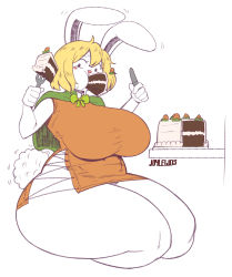 Rule 34 | 1girl, absurdres, animal ears, bare legs, bikini top only, blonde hair, blush stickers, breasts, rabbit, rabbit ears, cake, carrot (one piece), curvy, eating, food, highres, huge breasts, joylewds, looking at viewer, one piece, plump, pump, rabbit girl, sitting, solo, thick thighs, thighs, wide hips
