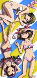 Rule 34 | 00s, 3girls, :d, absurdres, amami haruka, arm up, armpits, arms behind head, arms up, ass, barefoot, bikini, black hair, bob cut, bow, breasts, brown hair, cleavage, crossed legs, unworn eyewear, feet, fetal position, flat chest, foreshortening, from above, green eyes, grin, hagiwara yukiho, hair bow, hairband, heart, highres, idolmaster, idolmaster xenoglossia, kurata ayako, large breasts, leg up, legs, long hair, long legs, looking at viewer, lying, megami magazine, minase iori, multiple girls, navel, non-web source, o-ring, o-ring bottom, o-ring top, official art, on back, on side, open mouth, outdoors, red eyes, sandals, scan, seashell, shading eyes, shadow, shell, shiny skin, shoes, unworn shoes, short hair, sitting, smile, sports bikini, striped, sunglasses, swimsuit, toe-point, towel, white bikini, yellow eyes