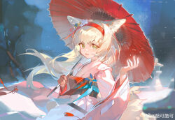 Rule 34 | 1girl, animal ear fluff, animal ears, arknights, blonde hair, chinese commentary, chinese knot, commentary request, flower, fox ears, fox girl, fox tail, green eyes, hair flower, hair ornament, hairband, hands up, highres, holding, holding umbrella, japanese clothes, kimono, kitsune, kyuubi, long hair, long sleeves, looking at viewer, multiple tails, obi, official alternate costume, oil-paper umbrella, open mouth, pekopeco, pink kimono, pinwheel, red hairband, red umbrella, sash, solo, suzuran (arknights), suzuran (yukibare) (arknights), tail, umbrella, weibo watermark, wide sleeves
