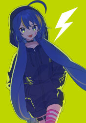 Rule 34 | 1girl, :p, ahoge, belt, blonde hair, blue eyes, blue hair, blue hoodie, choker, cowboy shot, drawstring, dutch angle, facial mark, fang, green background, green eyes, hands in pockets, highres, hood, hood down, hoodie, lightning bolt symbol, long hair, long sleeves, looking at viewer, low-braided long hair, low-tied long hair, multicolored hair, musical note, otomachi una, pink thighhighs, sidelocks, simple background, single thighhigh, solo, streaked hair, suiso sn3, thigh belt, thigh strap, thighhighs, tongue, tongue out, twintails, vocaloid
