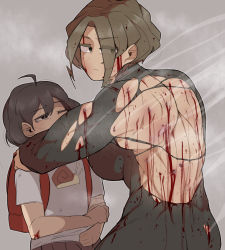 Rule 34 | 2girls, ahoge, bag, blood, blood on back, blood on face, bodysuit, breasts, brown eyes, brown hair, bullet hole, child, closed mouth, commentary request, dress, eyes visible through hair, highres, korean commentary, large breasts, multiple girls, oddsnail, original, pleated dress, school bag, shirt, short hair, short sleeves, skin tight, steaming body, tearing up, torn bodysuit, torn clothes