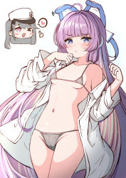 Rule 34 | &gt; o, 2girls, ;d, absurdres, azur lane, bare shoulders, bikini, bikini under clothes, blue eyes, blush stickers, breasts, chibi, chibi inset, collarbone, collared shirt, commentary request, dress shirt, fingerprint, grey bikini, grey hair, hands up, hat, heart, heart in mouth, highres, long hair, long sleeves, looking at viewer, moyoron, multiple girls, off shoulder, one eye closed, one side up, open clothes, open mouth, open shirt, pamiat merkuria (azur lane), peaked cap, purple eyes, purple hair, shirt, small breasts, smile, spoken heart, swimsuit, tashkent (azur lane), thumbs up, very long hair, white headwear