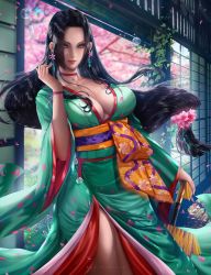 Rule 34 | 1girl, black hair, blue eyes, blurry, boa hancock, breasts, cherry blossoms, cleavage, earrings, falling petals, female focus, floating hair, flower, fusuma, hair flower, hair ornament, hairclip, indoors, japanese clothes, jewelry, kimono, large breasts, long hair, low-tied long hair, obi, one piece, petals, piercing, reivash, sash, signature, sliding doors, solo, traditional clothes, very long hair, wide sleeves, wind chime