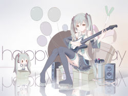 Rule 34 | 2girls, absurdres, detached sleeves, electric guitar, gift, gradient background, guitar, happy birthday, hatsune miku, highres, instrument, long hair, multiple girls, necktie, sitting, skirt, speaker, spring onion, thighhighs, twintails, very long hair, vocaloid, x-red flower