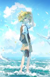 Rule 34 | 1boy, arm behind back, arm up, barefoot, basil (faraway) (omori), basil (omori), bird, blonde hair, blue sky, brown footwear, brown vest, closed mouth, cloud, cloudy sky, commentary, day, english commentary, flower, flower wreath, from behind, full body, hair between eyes, hand in own hair, highres, holding, holding shoes, looking at viewer, looking back, male focus, ocean, omori, orange flower, outdoors, pink flower, seagull, shirt, shoes, short hair, short sleeves, sky, smile, solo, standing, vest, wading, waves, white shirt, zs zealsummer