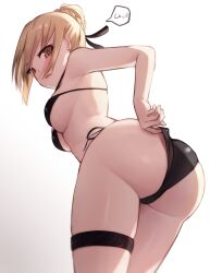 Rule 34 | 1girl, 200f (nifu), adjusting clothes, adjusting swimsuit, artoria pendragon (alter swimsuit rider) (fate), artoria pendragon (fate), ass, bikini, black bikini, black ribbon, blonde hair, braid, breasts, commentary request, fate/grand order, fate (series), french braid, from below, hair bun, hair ribbon, highres, looking at viewer, medium breasts, open mouth, ribbon, side-tie bikini bottom, single hair bun, solo, speech bubble, strap gap, swimsuit, thigh strap, underboob, white background, yellow eyes