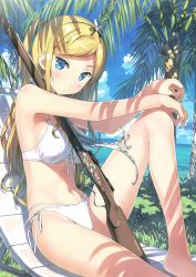 Rule 34 | 10s, 1girl, absurdres, agathe arier, bare legs, barefoot, beach, between breasts, bikini, blonde hair, blue eyes, blush, breasts, cleavage, cloud, day, feet, female focus, front-tie bikini top, front-tie top, gun, hair ornament, hair over breasts, hair ribbon, highres, huge filesize, kantoku, leg up, legs, long hair, looking at viewer, maerchen maedchen, medium breasts, navel, official art, outdoors, palm tree, ribbon, rifle, scan, shiny skin, side-tie bikini bottom, sky, solo, swimsuit, tree, weapon