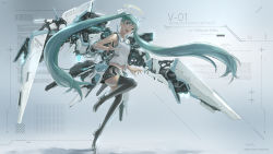 Rule 34 | 1girl, absurdres, black skirt, blue eyes, blue hair, boots, breasts, character name, copyright name, halo, hatsune miku, head tilt, highres, leg up, looking at viewer, mecha musume, open hand, open mouth, science fiction, skirt, sleeveless, small breasts, smile, solo, takuan (a mood home), thigh boots, thighhighs, twintails, vocaloid