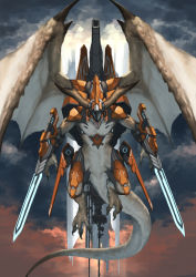 Rule 34 | arm blade, claws, cloud, day, dragon, grey sky, highres, looking at viewer, madarao 56, mecha, monster, no humans, open mouth, original, outdoors, robot, sky, solo, weapon, wings