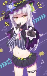 Rule 34 | 1girl, black gloves, blunt bangs, breasts, capelet, cropped shirt, gloves, grey hair, grey shirt, hair bun, hat, highres, hololive, long hair, long sleeves, looking at viewer, miniskirt, murasaki shion, murasaki shion (1st costume), navel, pointing, pointing at viewer, purple capelet, purple skirt, shirt, sidelocks, single hair bun, skirt, small breasts, smug, striped clothes, striped shirt, thigh strap, vertical-striped clothes, vertical-striped shirt, virtual youtuber, witch hat, yellow eyes, yige lurenjia